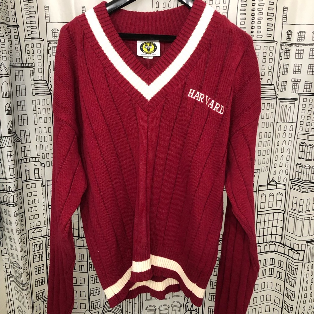 Varsity Harvard Red and White V-Neck Ribbed knit Sweater